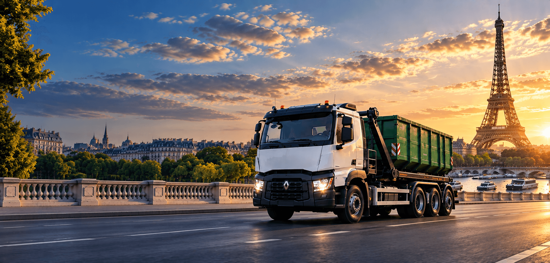 Camion transportant une benne avec Paris et la Tour Eiffel en arrière-plan