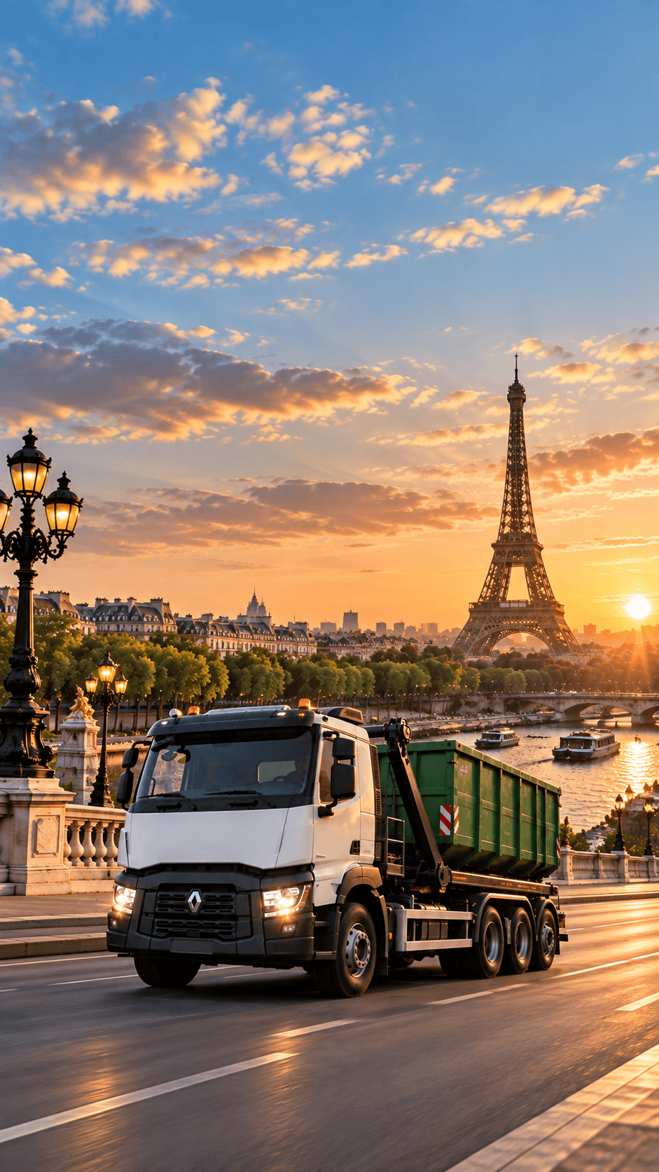 Camion transportant une benne avec Paris et la Tour Eiffel en arrière-plan